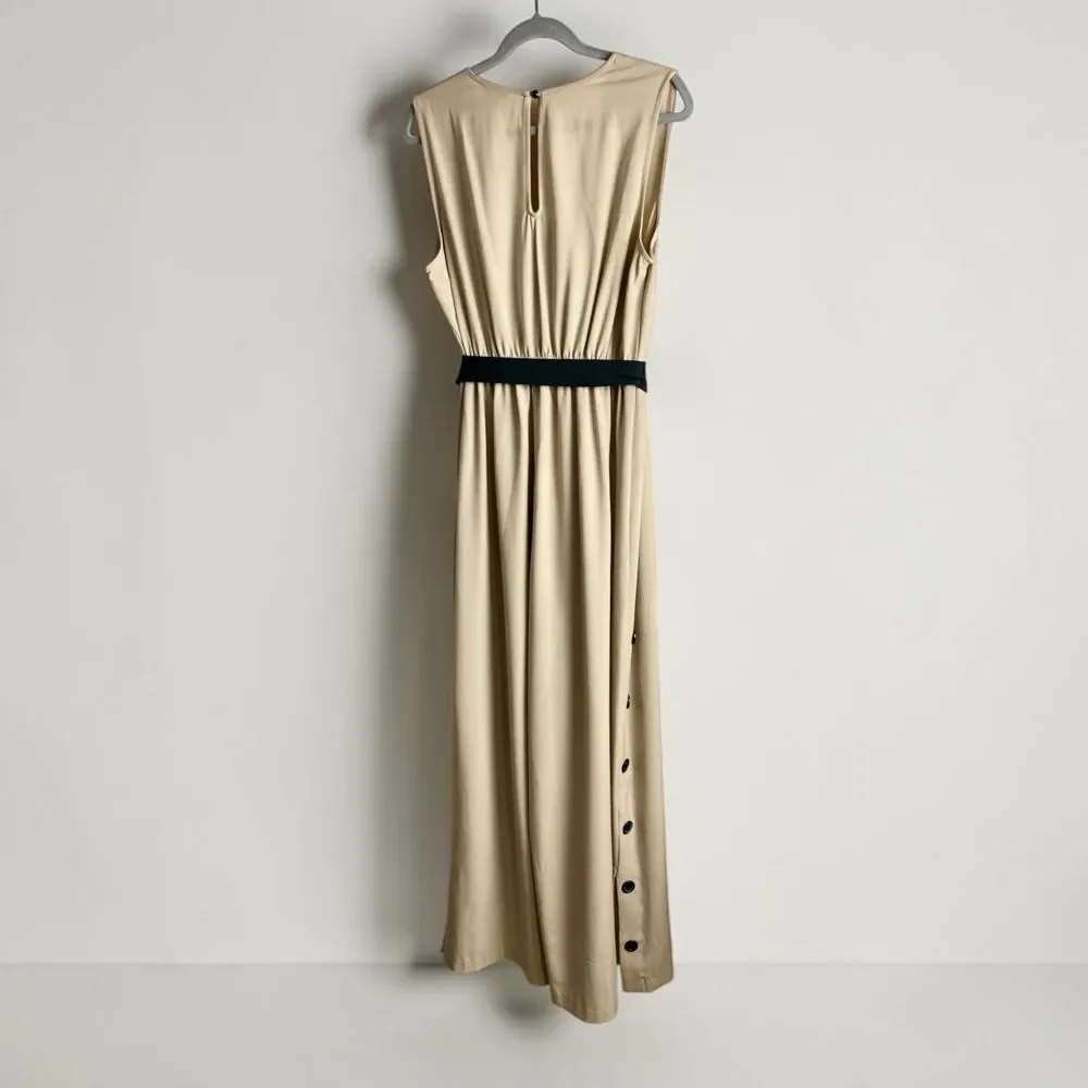 NWT Cato Jumpsuit 14/16W Beige Tan Wide Leg Side Slit Button Accent Belted Wrap